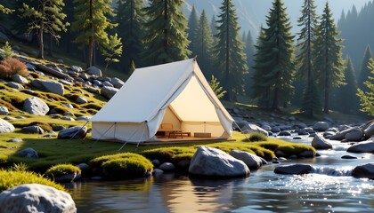 A white a frame tent pitched beside a mountain stream, crystal clear reflections, rocks and moss, soft daylight filtering through trees
