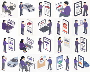 Isometric Detailed Car Rental Application Process Illustration on Digital Devices