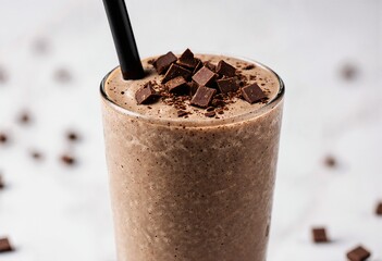 A delicious chocolate smoothie topped with dark chocolate chunks and a black straw, surrounded by scattered chocolate pieces on a light background