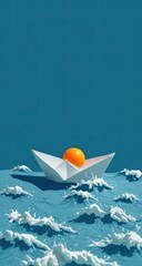 A minimalist digital artwork depicting a small paper boat with an orange sphere inside, navigating choppy blue waters against a teal backdrop