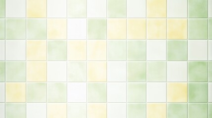 Close-up of a tiled wall with green,yellow,and white squares
