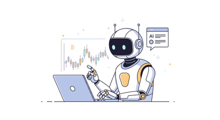 Modern AI robot expertly analyzes financial market trends on a laptop, showcasing advanced technological capabilities and data processing automation.