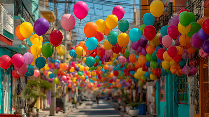 colorful balloons and cheerful crowd in joyful street festival celebration outdoor holiday lifestyle vibrant community event cultural atmosphere and happy festive gathering