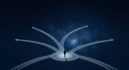 Silhouette man stands at a junction with glowing paths on a celestial background. Concept for career choice, strategic direction and future planning
