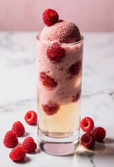A refreshing glass filled with a creamy pink dessert topped with fresh raspberries, surrounded by scattered berries on a marble surface