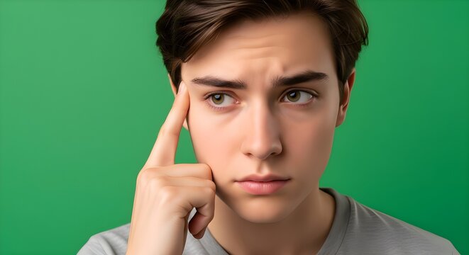 Young man looking bewildered with question marks on a bright, on green background