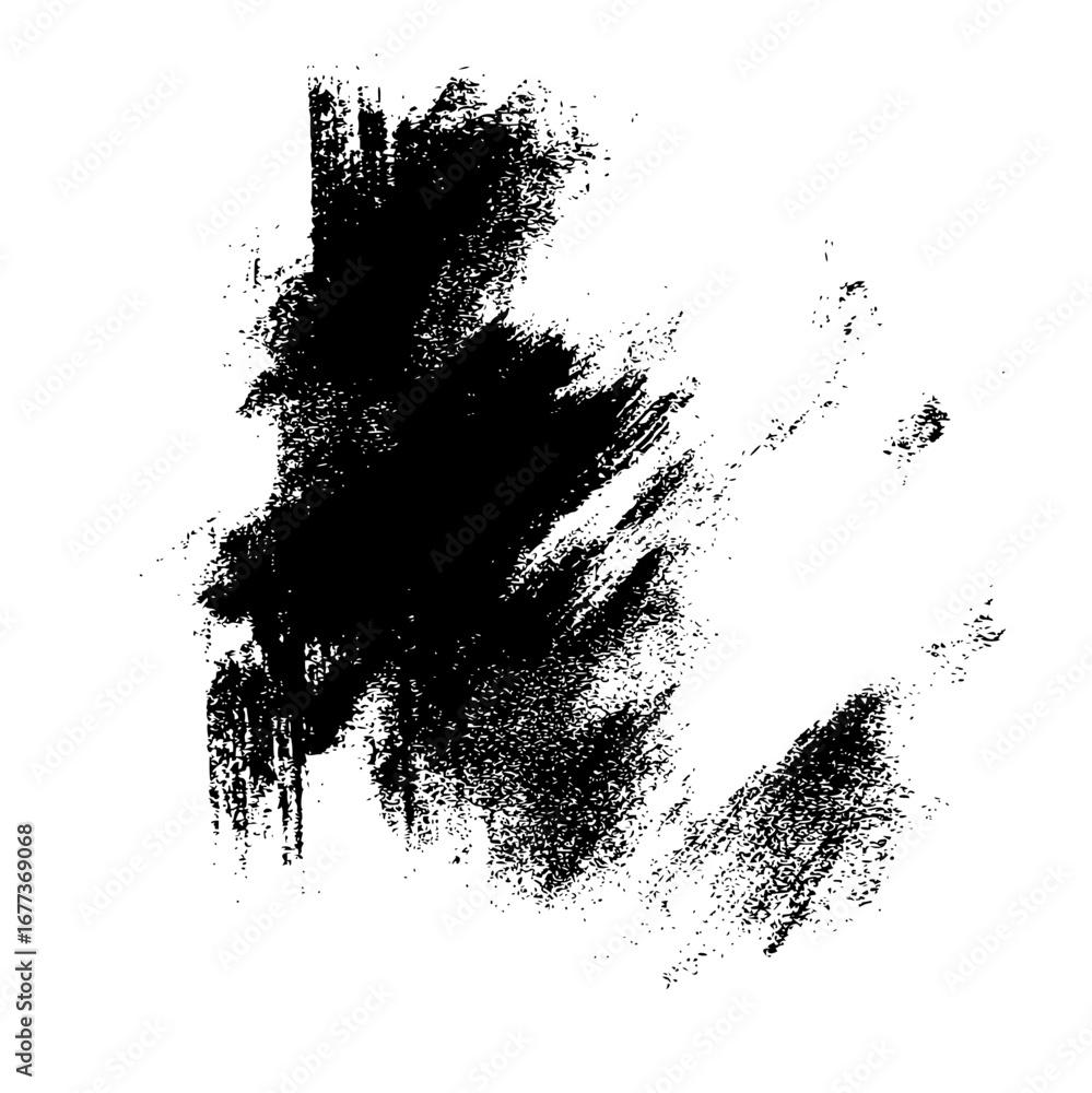 Poster abstract black ink splatters and brush strokes on a white background creating a textured design elem