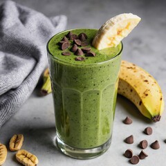 A refreshing green smoothie garnished with chocolate chips and banana slices, served in a tall glass, accompanied by a banana and some nuts on the side