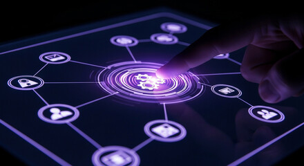 A finger touches a futuristic digital interface with a central AI brain icon connected to a network a perfect concept for artificial intelligence and global data