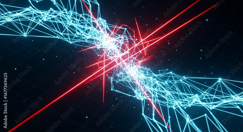 Aufkleber abstract blue network lines with glowing red strike on dark background, concept for data visualizati