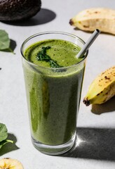 A vibrant green smoothie in a tall glass, garnished with spinach leaves and a banana slice, sits on a white surface surrounded by fresh ingredients like an avocado and leafy greens