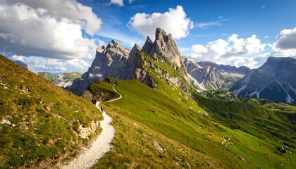Obraz premium A scenic mountain path winds through a vibrant green valley, leading to towering peaks under a vast blue sky.