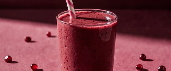 A vibrant red smoothie in a glass with a straw, surrounded by scattered pomegranate seeds on a pink surface, exuding freshness and healthiness