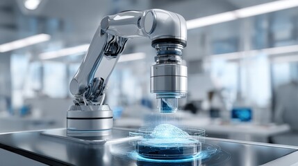 A sophisticated robotic arm manipulates a translucent object, showcasing intricate technology in a modern laboratory setting.