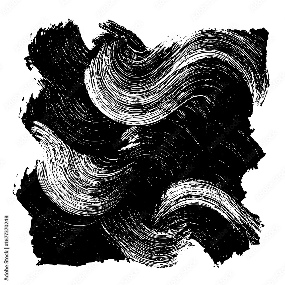Poster abstract black and white brush stroke painting with wave like patterns and textured background desig