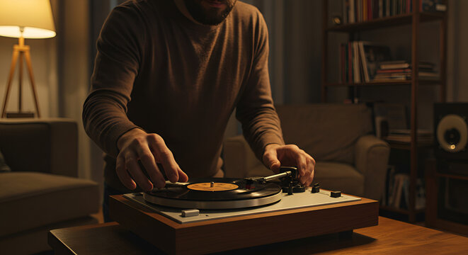 Immersed in vinyl Man enjoys a record player at home in the quiet evening dim light of the cozy