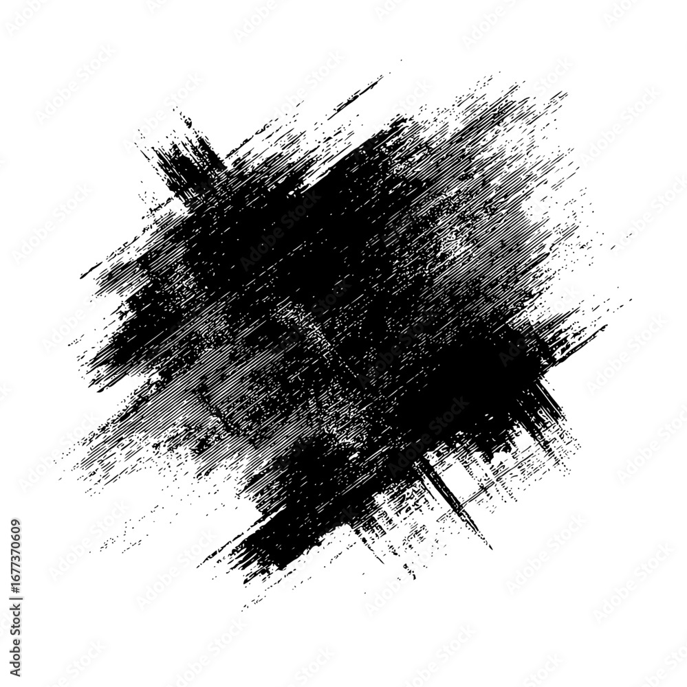 Poster black ink splatter with distressed texture and diagonal brush strokes on a white background creating