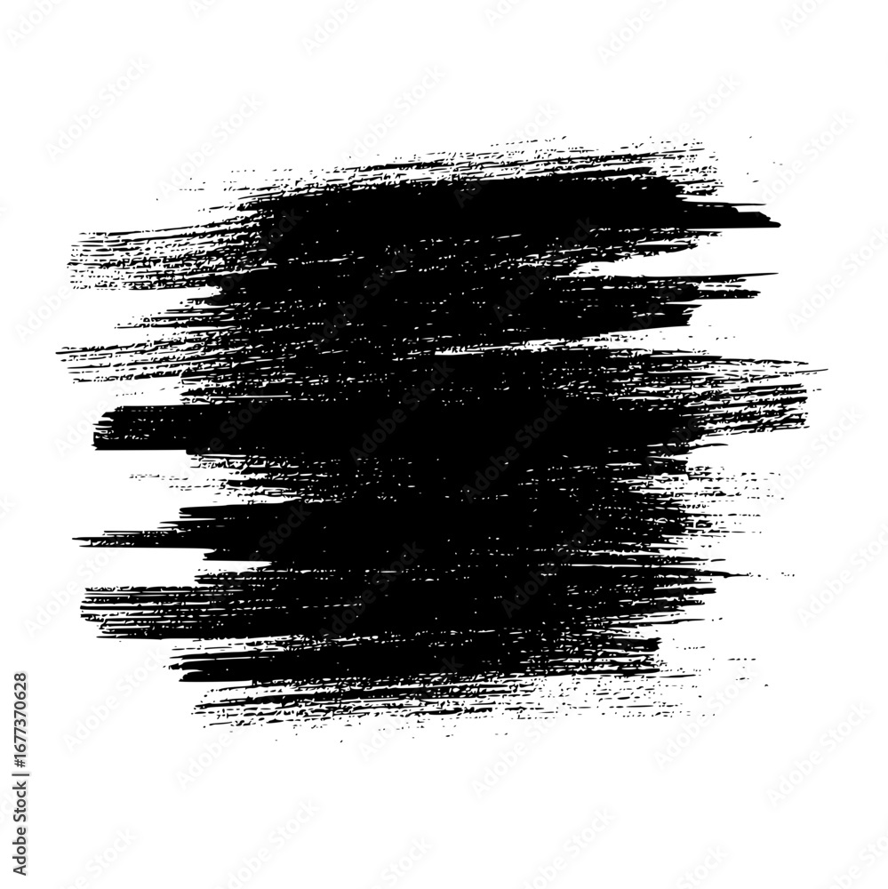 Poster a black rectangular shape composed of multiple horizontal brush strokes on a white background canvas