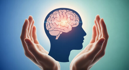 Hands holding silhouette head with brain activity, mental health care concept on blue background