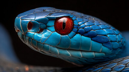 close up wildlife photography of exotic blue snake with striking red eyes resting colorful reptile scales predator nature portrait tropical jungle serpent and animal concept