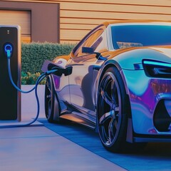 A detailed 3D rendering of a futuristic electric car charging at a sleek, modern charging station in a clean urban environment.