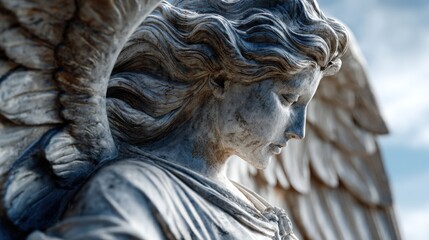 A close-up view of a sorrowful stone angel statue, showcasing intricate details and a contemplative expression.