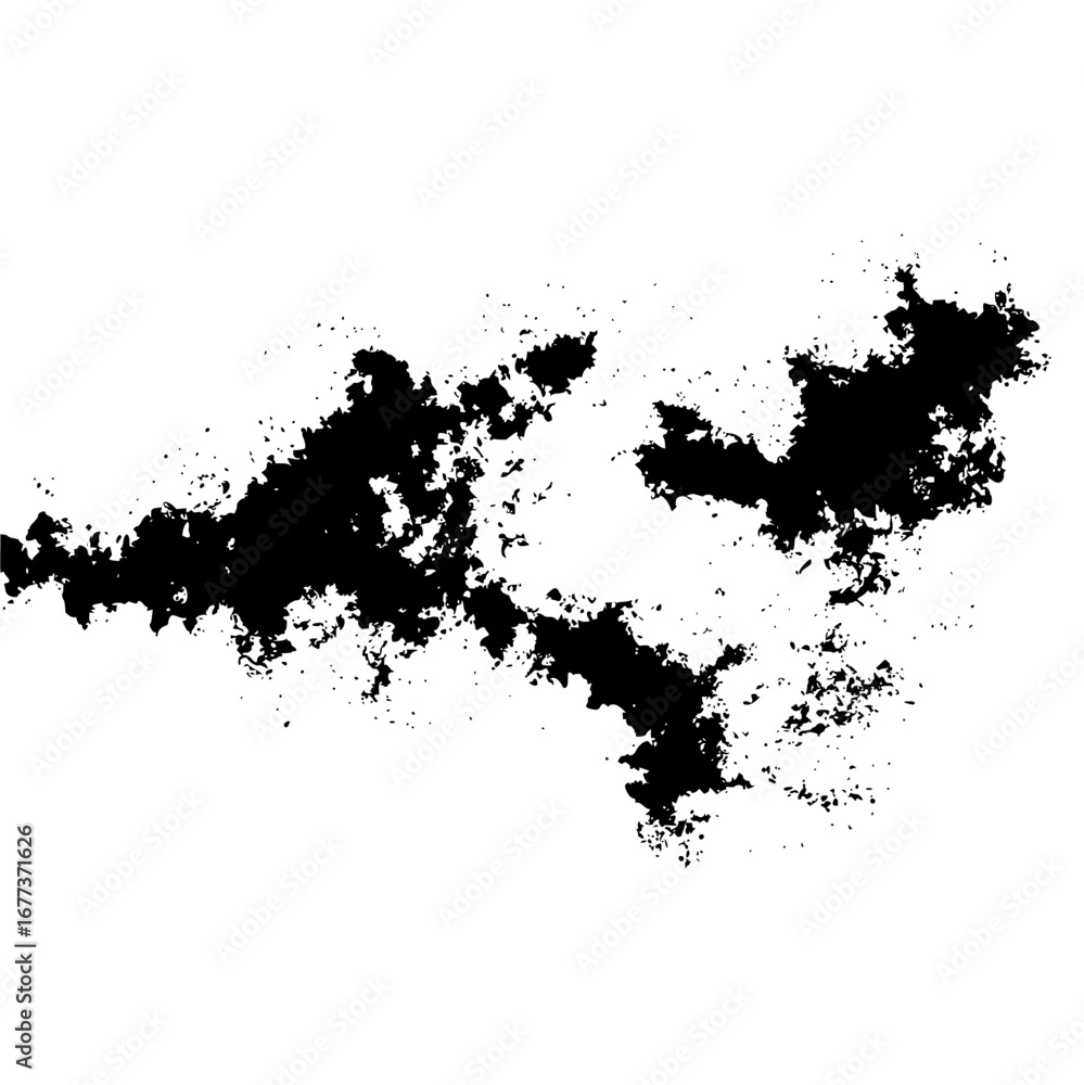Poster abstract black ink blot with jagged edges and scattered specks on a white background creating a text