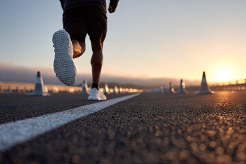 Runner strides forward on track at sunrise