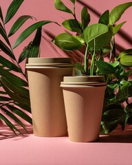 Two beige paper cups with lids sit amongst lush green tropical plants against a pink backdrop, illuminated by dramatic sunlight casting shadows