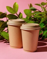 Two light-brown, disposable coffee cups with beige lids sit on a pink surface, partially concealed behind lush green foliage, casting gentle shadows