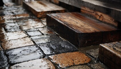 Wooden steps on a wet cobblestone path