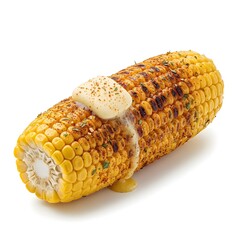 Golden grilled corn on cob with melted butter and seasoning, isolated on seamless white background.
