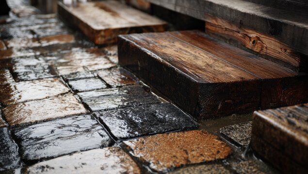 Wooden steps on a wet cobblestone path