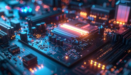 Fototapeta premium Computer motherboard with glowing components and intricate circuitry