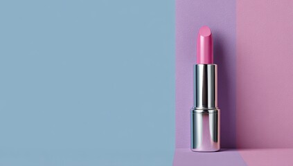 A single tube of light pink lipstick with a silver casing stands upright against a pastel blue and purple background
