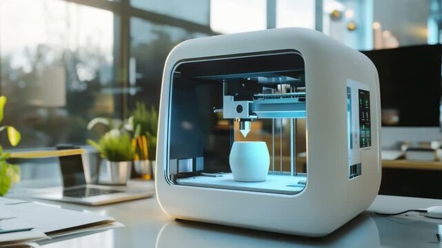 Modern 3D Printer in Contemporary Office Setting Producing Custom Design on Desk Surrounded by Creative Elements