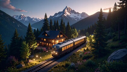 Scenic train journey through a majestic alpine valley at sunset