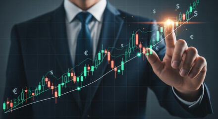 A businessman interacts with a holographic interface showing a rising stock market chart a perfect concept for financial success and investment growth in the future