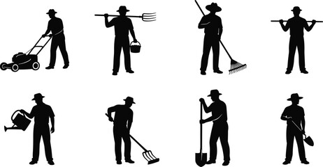 Silhouettes of farmers and gardeners working with tools, performing agricultural and gardening tasks in various outdoor poses and actions.