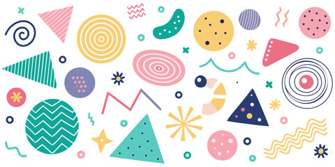 A collection of fun, unevenly stroked doodles including spirals, triangles, and polygons, on a white background.