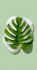 A vibrant green monstera leaf, partially submerged in white foam, rests on a pale green background, casting a subtle shadow