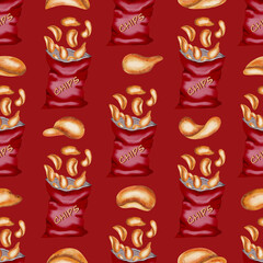 Potato chips seamless pattern. Watercolor food drawing. Red pack of potato chips. Snack. Fast food. Suitable for menu, advertising, cookbook, textile
