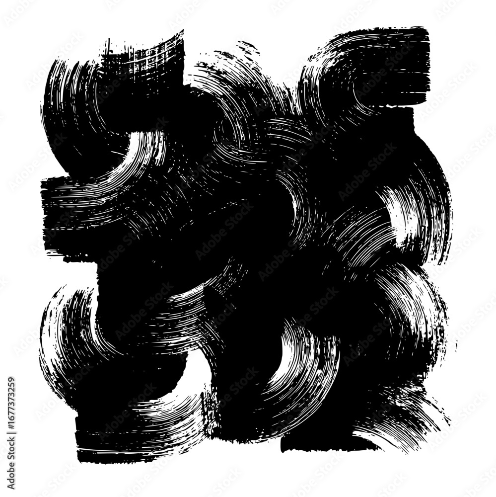 Poster abstract black and white brush stroke pattern with circular and curved shapes creating a dense desig