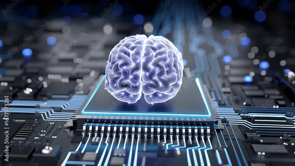 Poster abstract representation of brain functionality on circuit board in high-tech environment