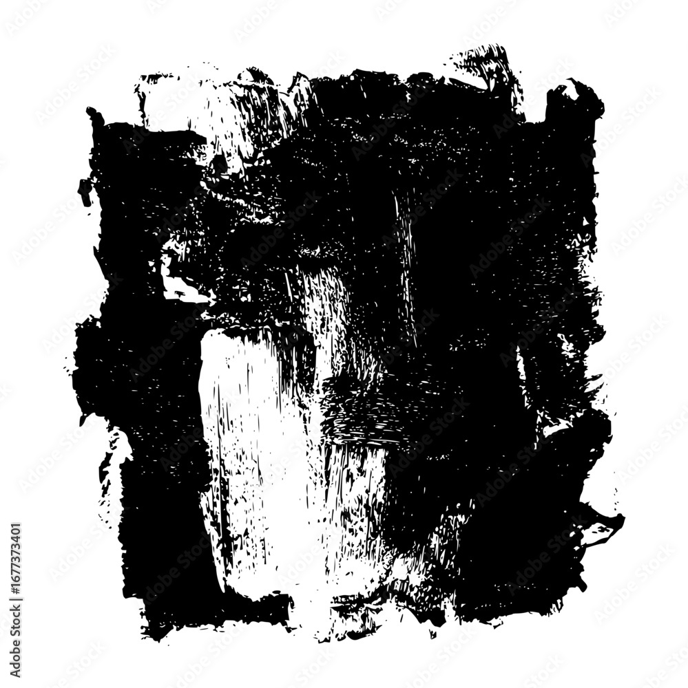 Poster abstract black and white paint stroke with rough texture and visible brush marks on a white backgrou