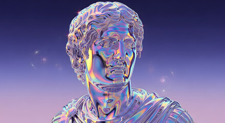A futuristic holographic bust of a classical figure shimmers with vibrant iridescent colors against a gradient cosmic background.