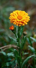 A vibrant yellow flower, fully bloomed, stands tall on a slender stem with smaller buds and green leaves against a blurred, earthy backdrop
