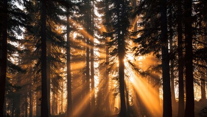 Sunbeams pierce a dense, misty forest at dawn, illuminating tall, dark trees with warm, golden light, creating a mystical, serene atmosphere