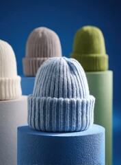 Four ribbed knit beanie hats in various pastel colors displayed on cylindrical platforms against a deep blue backdrop