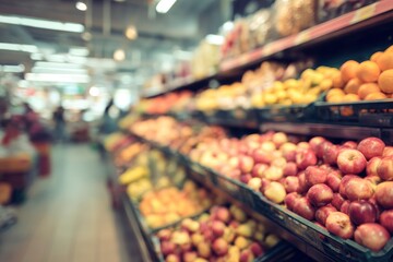 Blurred view of a supermarket aisle filled with shelves of fresh produce including apples and citrus fruits